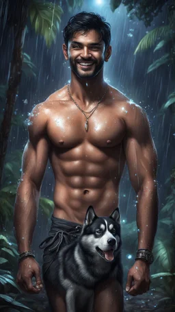 Hyper Realistic handsome shirtless muscular short black hair indian man with wet chest smiling & standing with his black husky in a dark mystical jungle at rainy night with glowing crystals