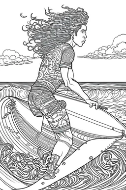 Outline art for coloring page OF THE BACKSIDE OF A HAWAIIAN SURFER WITH BIG CURLY KINKY HAIR WEARING SHORTS RIDING A SURFBOARD ON A WAVE, coloring page, white background, Sketch style, only use outline, clean line art, white background, no shadows, no shading, no color, clear