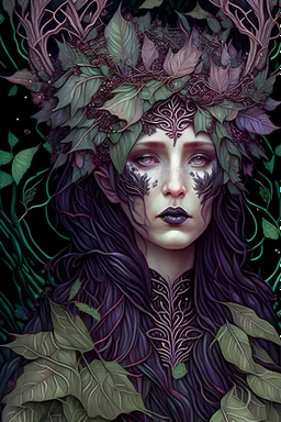 beautiful Forest fairy shaaism voidcore lady portrait, adorned with textured leaves and botanical floral palimpsest art nouveau floral ribbed and berry ribbed armour in the embossed woods background , wearing forest floral and leaves fairy art nouveau dcaent goth mineral stone headdress, organic bio spinal ribbed detail of full art nouveau floral backgreong extremely detailed hyperrealistic concept art