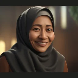 a portrait of smiling moslem woman. 50 years old. indonesian. carricature. thin. small body. wearing black headscarf. warm undertone brown face skin. black eye pupils. oblong face shape. formal blazer dress. pixar style. 3D. 4k. portrait. highly detailed. sharp focus. high resolution. full color. cinema lighting