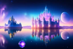château en CRISTAL TRANSLUCIDES TRANSPARENTS beaucoup de DÉTAILS , vaisseaux blanc miroir or, dans ciel cosmique galactique precision technique 9k TRES PRÉCIS HAUTE DEFINITION paysage fleuris cristaux châteaux vallées collines, cité du FUTUR colorée rose - 14K