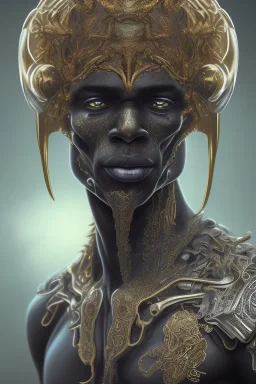 black male African alien, cracks in the head, wicked, Asian eyes, crown, blood, 8k, finely detailed, photo realistic, Boris Vallejo style turquoise skull head gold dragon space alien rain skeleton gold tooth silver helmet silver space suit spaceships