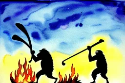 caveman holding a club, cave, cave bear, campfire, stone age, watercolor, masterpiece, mellow, dawn,