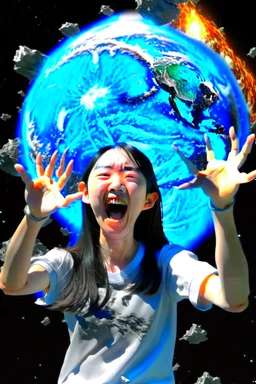 An image of a young Korean woman with a eyes closed expression happy, holding her hands up as if she is reacting to a catastrophic event in front of her. Film, cinematic, realistic, extreme depth of field, She is wearing a white blouse with detail, blue shorts, and sunglasses pushed up onto her head. In front of her, there is a highly detailed planet resembling Earth, dramatically cracking and breaking apart with fiery explosions and molten lava visible at the fractures.