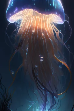 Cartoon jelly fish, electric bolts lighting up the dark ocean, , highly detailed, digital painting, artstation, concept art, sharp focus, illustration, Pixar and Disney animation, Art by greg rutkowski and alphonse mucha, masterpiece, stunning, 8k resolution,