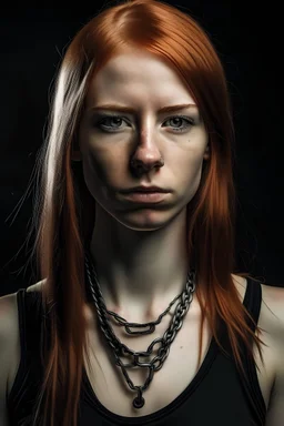 Kind ginger, muscular strong, short, long straight hair, hair parted in the middle, hair tucked behind ears, girl, freckles, black tank top, silver chains.