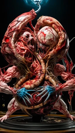 cinematic gore Bosch vs Dali style photorealistic photo of a mangled embryonic body wrestling itself in a fleshy vortex vortex, of anatomically fragmented, ripped apart again being flayed, skinned alive beating heart, muscles, blood vessels, bowels, entrails, capillaries, oozing puss are exposed. Visceral anatomy. physiology. Their face and body opens with a zipper. Bosch and Dali inspired hallucinations. mythology. grotesque.