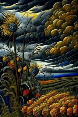 Leonardo, Durer, Derain, Signac, Cezanne, Mondrian, Okeeffe: Seedheads Against A Threatening Sky dark moody colors and sky storm wind