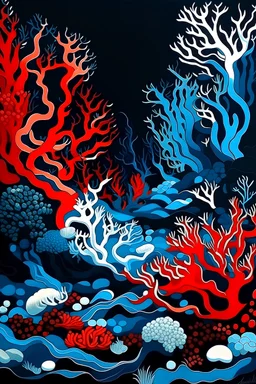 An ocean teeming with life but threatened by rising temperatures, shaped through abstract forms that illustrate the balance of the marine ecosystem. Employ ebony for the ocean depths, blue for the life-sustaining waters, white for the coral skeletons, and vermillion accents to indicate heat stress. The artwork should radiate the essence of fragility, with a nod to the fluidity of Surrealistic Overtones. The rendering should be reminiscent of abstract surrealism with the depth and nuance of a dig