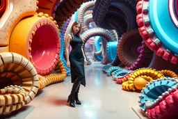 beautiful full body with long boots and midi dress lady in surreal world made of fractal random size modern mechanical basic objects with helical strip colors,geers, in clothing similar to environment full body posing to camera