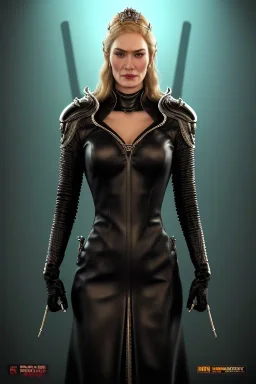 Cersei Lannister as evil mistress in black leather in a dungeon, dominatrix, busty, cleavage, curvy, lena headay, angry, stern look. character design by cory loftis, fenghua zhong, ryohei hase, ismail inceoglu and ruan jia. unreal engine 5, artistic lighting, highly detailed, photorealistic, fantasy