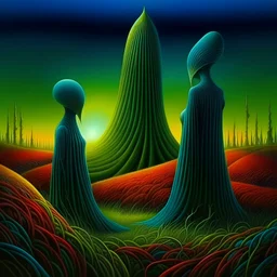 The Burden of madness, surreal masterpiece, by Michael Whelan and Dave McKean and Vladimir Kush and Victor Pasmore, long limbed wispy spectral figures, lunatic biometric grass shines, rich colors. geometric shapes, by Andy Kehoe