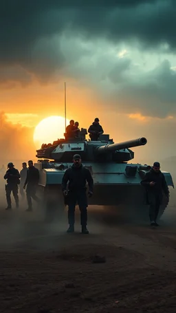 Bosch painting style nightmare , 3D ,a group of men in black led by army tank in a dramatic misty scene of the sunset time in a stormy weather in the desert background, high Quality picture , 8k