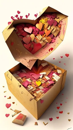 Open box stuffed with love letters, hearts, love explosion, art, drawing, very realistic, detailed, vibrant colors.