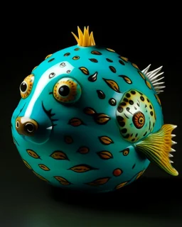 A turquoise water elemental pufferfish designed in Matryoshka dolls painted by Frank Lloyd Wright