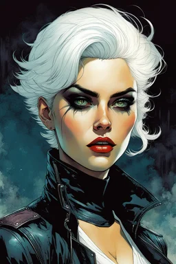 create a young vampire biker girl with short cropped white hair, in the graphic novel style of Bill Sienkiewicz and Jean Giraud Moebius, highly detailed facial features, grainy, gritty textures, dark and foreboding