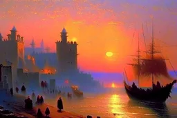 a medieval town by the sea at sunset by artist "Ivan Constantinovich Aivazovsky"