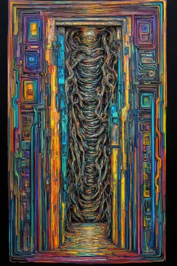 Verdical dimension; in the style of Hundertwasser and Giger