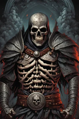 a warrior with his chest made of bones and eyes made of smoke. dark horror setting. terrifying horror backgrund. blood, guts, gore. visceral. Mark Brooks and Dan Mumford, comic book art, perfect, smooth