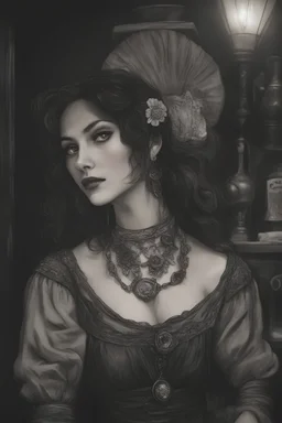 Photo of a young, girlish DnD rogue and traveling entertainer wearing a gypsy style gown in the filthy taproom of an old tavern at night. Her eyes are dark and mysterious and she wears a slightly cocky smile on her lips.