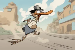 mostly sky, ground line at bottom, small cartoon road runner on the bottom right running towards the right side, leaving behind a puff of smoke. style of looney toons cartoon