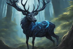 Beast Shadow symbiote in 8k realistic anime drawing style, Deer them, blue neon crystal antlers deer, human model, close picture, fantasy forest, intricate details, highly detailed, high details, detailed portrait, masterpiece,ultra detailed, ultra quality