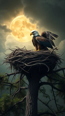 Bosch painting style nightmare in 3D , a nest of an eagle at the top of a tree ibackground, high Quality picture , 8k
