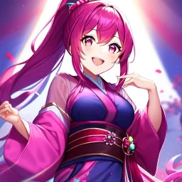 girl, masterpiece, best quality, volumetric lighting, detailed outfit, perfect eyes, long hair, fuchsia hair, fuchsia eyes, laughing, obi, ponytail,