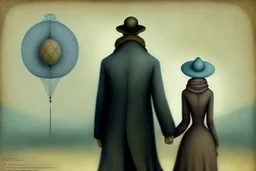 two people without gender seen from behind walking side by side in an empty foggy plain, above there is blue sky by artist "Leonora Carrington",by artist "Christian Schloe"