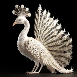 White Peacock in Porcelain: White Peacock's, iridescent white feather with intricate patterns, bird's extravagant tail feathers & eyespots,vector art intricately laced with precious metals and jewels in 3D, 8K, filigree patterns, CGSociety, Unreal Engine 5, insanely detailed, rule of 3rds in a Rembrandt style, on vintage color; Adonna Khare super detailed