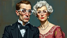 Eccentric Elegance with white glasses, Impressionist painting of an odd couple from 1890. The man is very thin, the wife is very fat, in the Victorian American style. Rough, rough brushstrokes, impressionist style painting