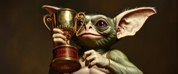 gremlin guy holding up the most retarded trophy, painted by Rembrandt