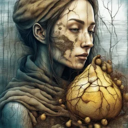 Grunge, woman as a decaying dried out Pear intricately showing its internal structure and seeds, cyberpunk, ultra unique natural textures, slight imperfections, vray. Modifiers: fantasy intricate dynamic lighting fantastic view hyperrealistic Unreal Engine matte background cinematic postprocessing VRay acrylic art pencil sketch creepy art station Gustave Klimt wet on wet watercolor Double exposure wet on wet Craig Rutkowski intricate fantasy