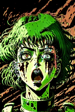 90s anime sci fi green hair space Captain girl blood on face scared, rattled and shook, violent atmosphere, retro manga style, hyper detailed, Japanese horror, junji ito,