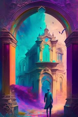 A palace with a time portal, a man, fantasy colours