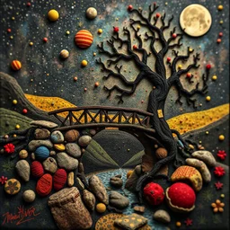 Photograph hasselblad h6d400c --ar 85:128 --v 6.0 of a fairy old bewitched bridge, tree, made of felt, art, 3d deep field, Joan Miró, wide angle landscape scene, galaxies and planets, creepy, Max Ernst, needlepoint, abstract silhoutte, expressionist style, colorful