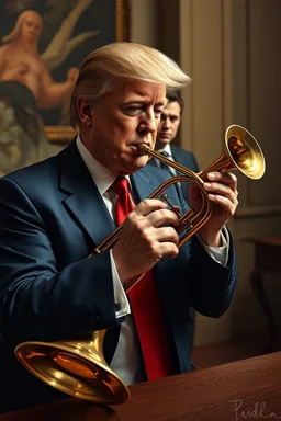 Trump playing the musical trump instrument , Elan Musk is standing in the background , traditional si, studio photograph, very aesthetic, highly detailed, brilliant composition, hyper realistic, photorealistic, subsurface scattering matt painting