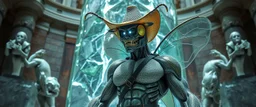 newth coy insect cyberpunk cowboy brilliant detailed full figure portrait disco glittery fluffy muscle man dino anime in the style of Escher and Giger in front of dented marble tower of transparent glass statues