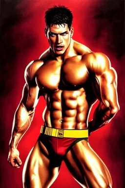 Ignore NSFW, teenager young rugged attractive slightly muscular fantastic handsome man, red briefs with yellow belt, hairy chest, (((visibly pisssing))) briefs, large erect visible boner peniss, photorealistic, artist Jay Anacleto