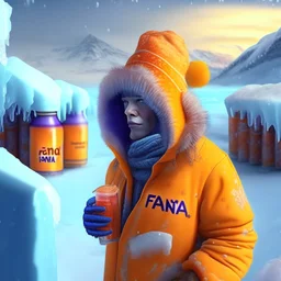 A juice producer wears FANTA a winter coat and wears a winter hat found in the place of nature in the Eskimo and in the back there are snowy icebergs HIGH DESIN IN . 8K . REALISTIC .HIGH RESLOLUTION...V4..AR 2.3