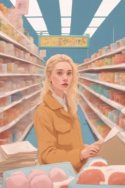 In the music video, a 23-year-old woman with blonde hair and bright blue eyes. Standing in the freezer section of a supermarket. Reading a book. you can see it is cold. she has a messy bun. Wes anderson style. She is sitting in a cosy sofa with a small table next to her and a lamp. People are shopping near her.