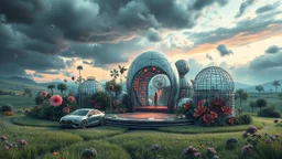Dynamic cifi country side ,hypnotic of 3D structures Symmetry twisting and morphing between cifi plants , cifi flowers and metal geometric 3d structures buildings ,cifi cars, and an open cifi stage with a future lady singer in it,smooth translucent iridescent glass with inner glow and bubbles, varied transparent materials, stormy skies, intense dramatic