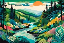 a surrealist illustration of a lush Pacific Northwest forested river valley landscape in the pale light of dawn, in the collage style of Eileen Agar , vibrant natural colors, with fine ink outlining, museum quality masterpiece