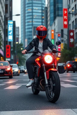 a full body anime driving byke in modern city street