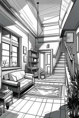 Black and white, house interior design, no shading, no lines, cartoon style, --ar 9:11