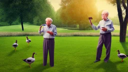 confused older man using cellphone in his backyard telling the ducks and geese that surround him to "go away"