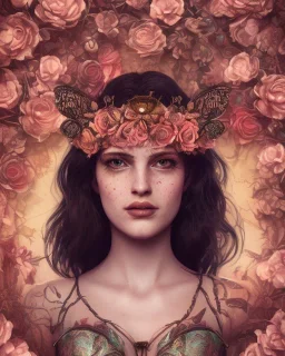 upper bust portrait, the queen of butterflies, corset, intricate metal work flower crown, in a field of roses, flower tattoos, 8k resolution concept art, dynamic lighting, intricately detailed, hyperdetailed, beautiful, ethereal, elegant, golden hour, (butterfly), gothic