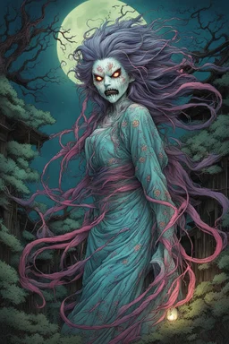 full color, full body illustration of a haggard and malevolent Harionago yokai "Barbed Woman" with wild, highly detailed hair and slim, narrow facial features, in a haunted Chaniwa garden, pierced by shafts of moonlight , art in the style of Alex Pardee, spirited away, studio ghibli, , 8k , finely detailed and precise line work, soft gauzy pastel colors