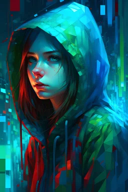 masterpiece, beautiful and aesthetic, surrealism, highly detailed, anime, a portrait painting of 1girl, blue and green color pallet, wearing hoodie hard brush, binary code effect, paintings effect, heavy inking, featured on pixiv, saturated colours, red blue, pixels, hypercube, pixelsort, epic composition, epic proportion, dynamic lighting, HD,