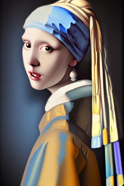 Modern Girl with a pearl earring (style by Johannes Vermeer ) chillout mood wearing T-shirt and blue shorts, sharp focus, emitting diodes, smoke, artillery, sparks, racks, system unit, motherboard